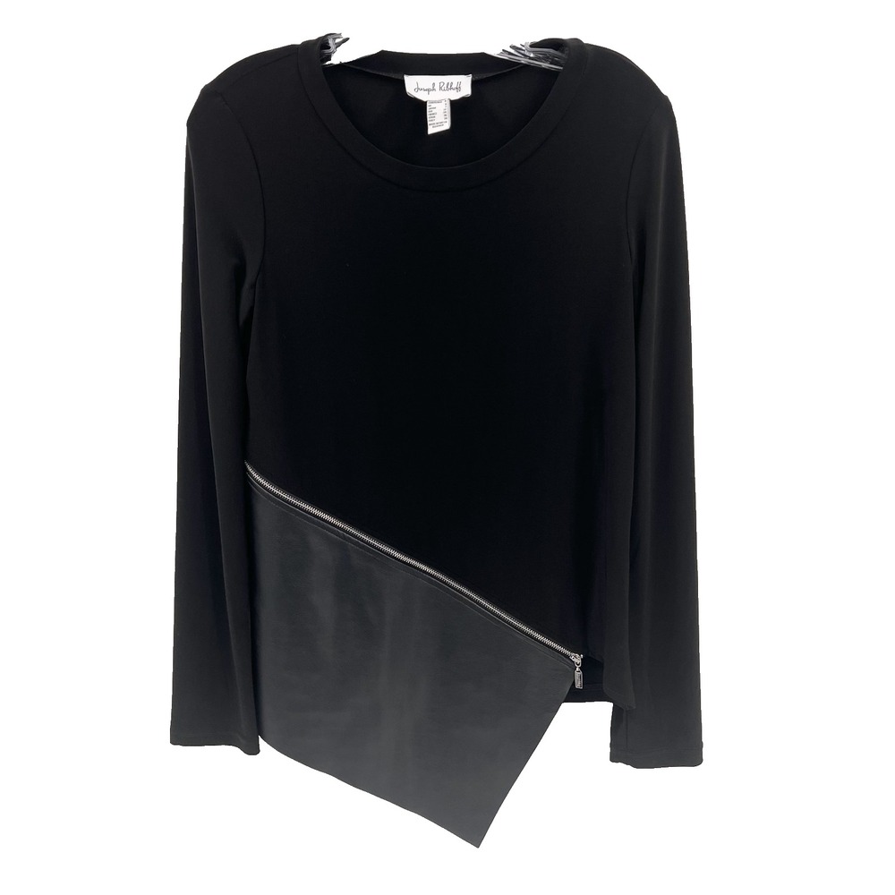 JOSEPH RIBKOFF Women's 4 Black Faux Leather/Knit Asymmetric Hem Long-Sleeve Top